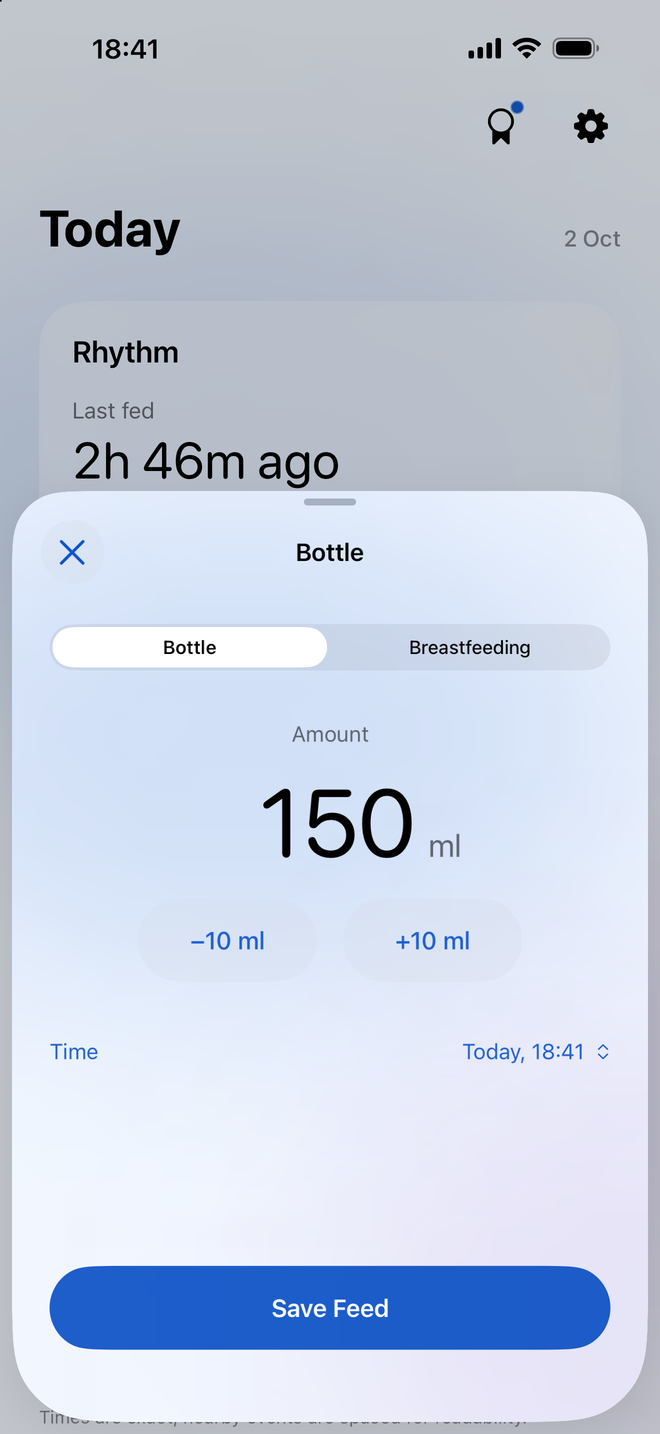 Milksy bottle logger with amount in millilitres, adjustment controls and feed time