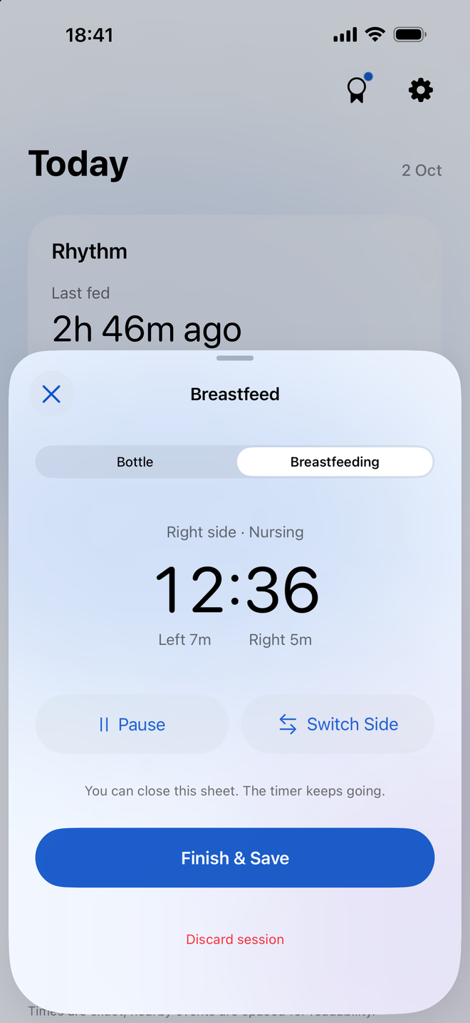 Actual Milksy breastfeeding logger with a nursing timer and left and right side controls