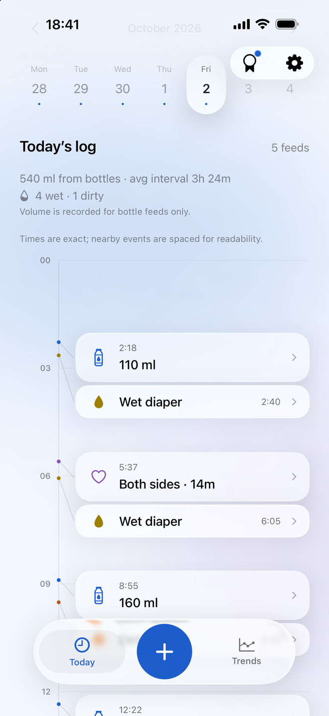 Milksy Today timeline showing bottle and breastfeeding entries in chronological order