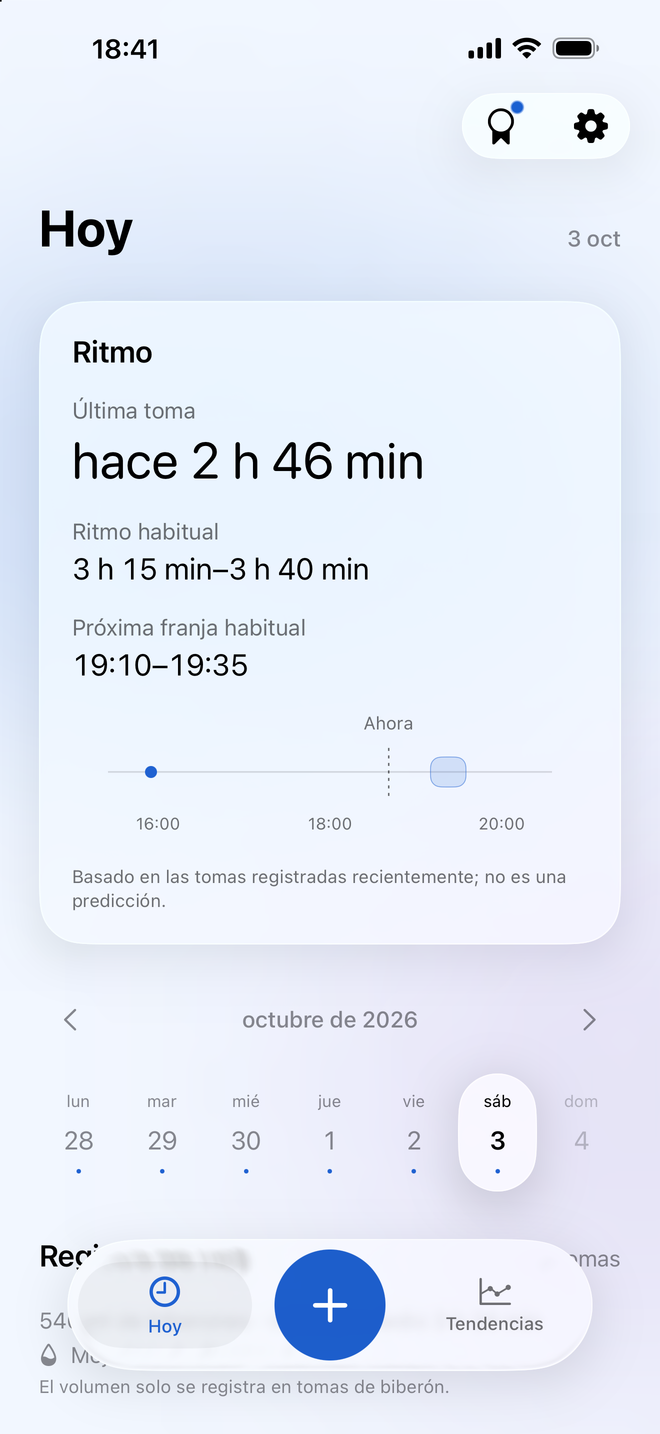 Vista diaria de Milksy con la última toma, intervalos habituales y calendario