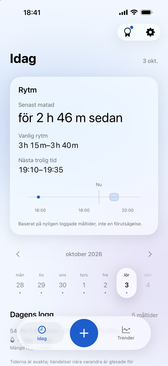 Milksys dagsvy med senaste matningen, vanliga matningsintervall och en kalender