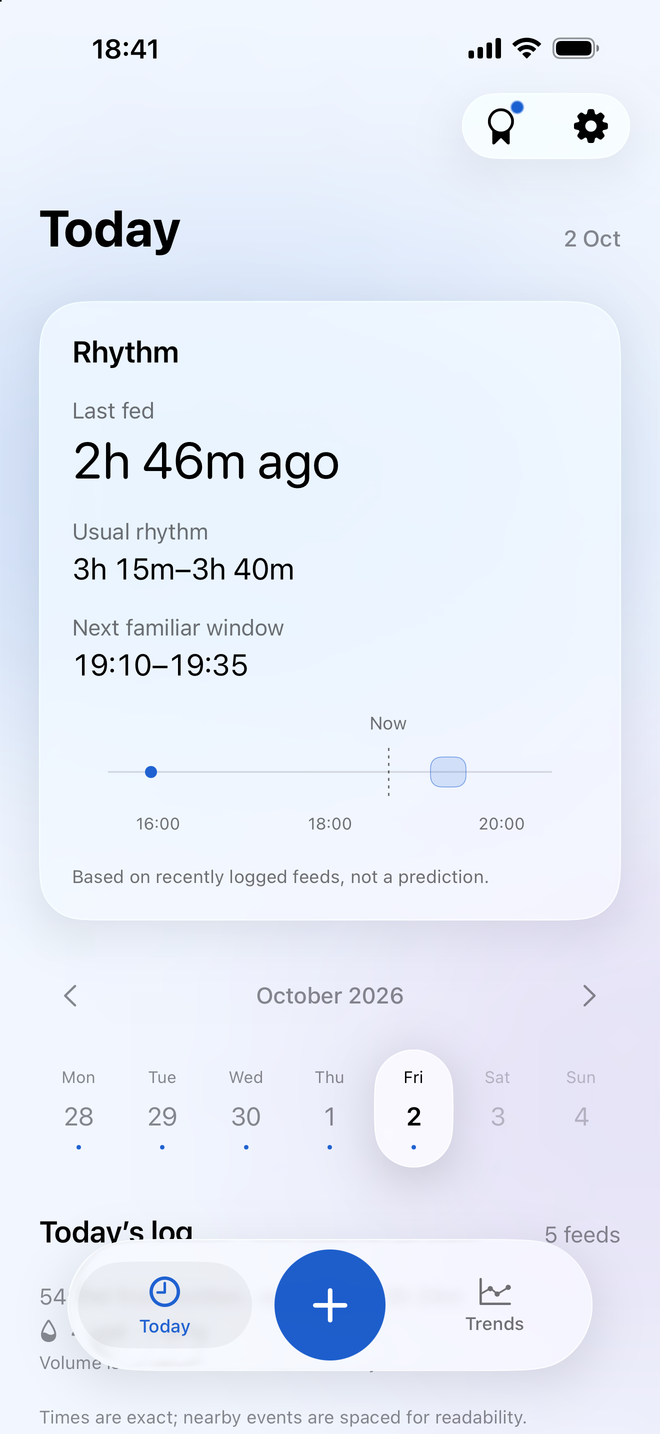 Milksy Today screen with the last feed, familiar feeding intervals, and a daily calendar