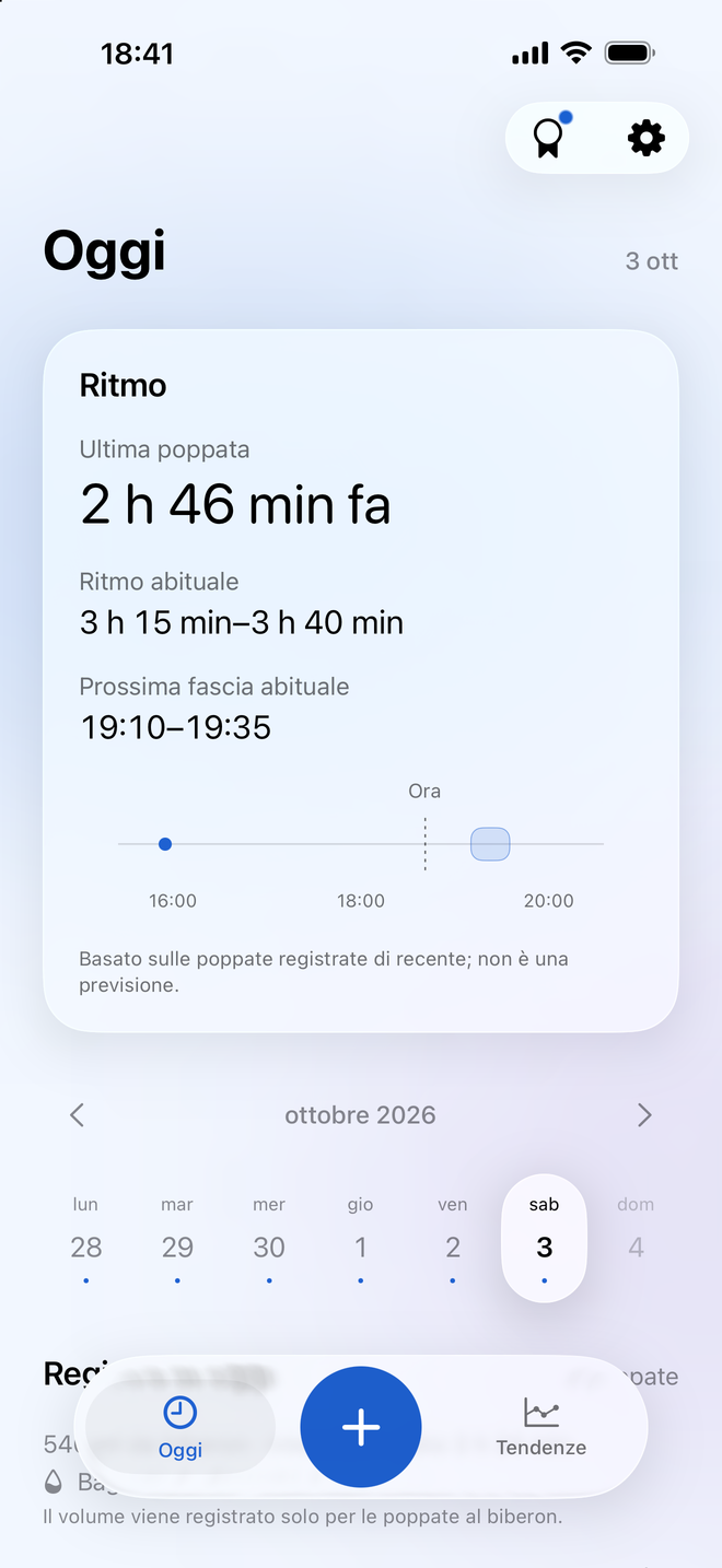 Vista giornaliera Milksy con ultima poppata, intervalli abituali e calendario