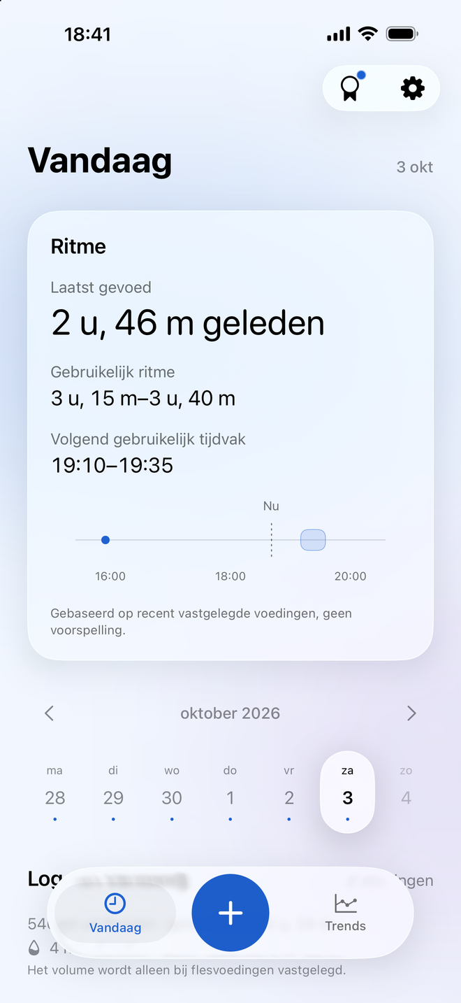 Milksy-dagoverzicht met de laatste voeding, gebruikelijke tussenpozen en een kalender
