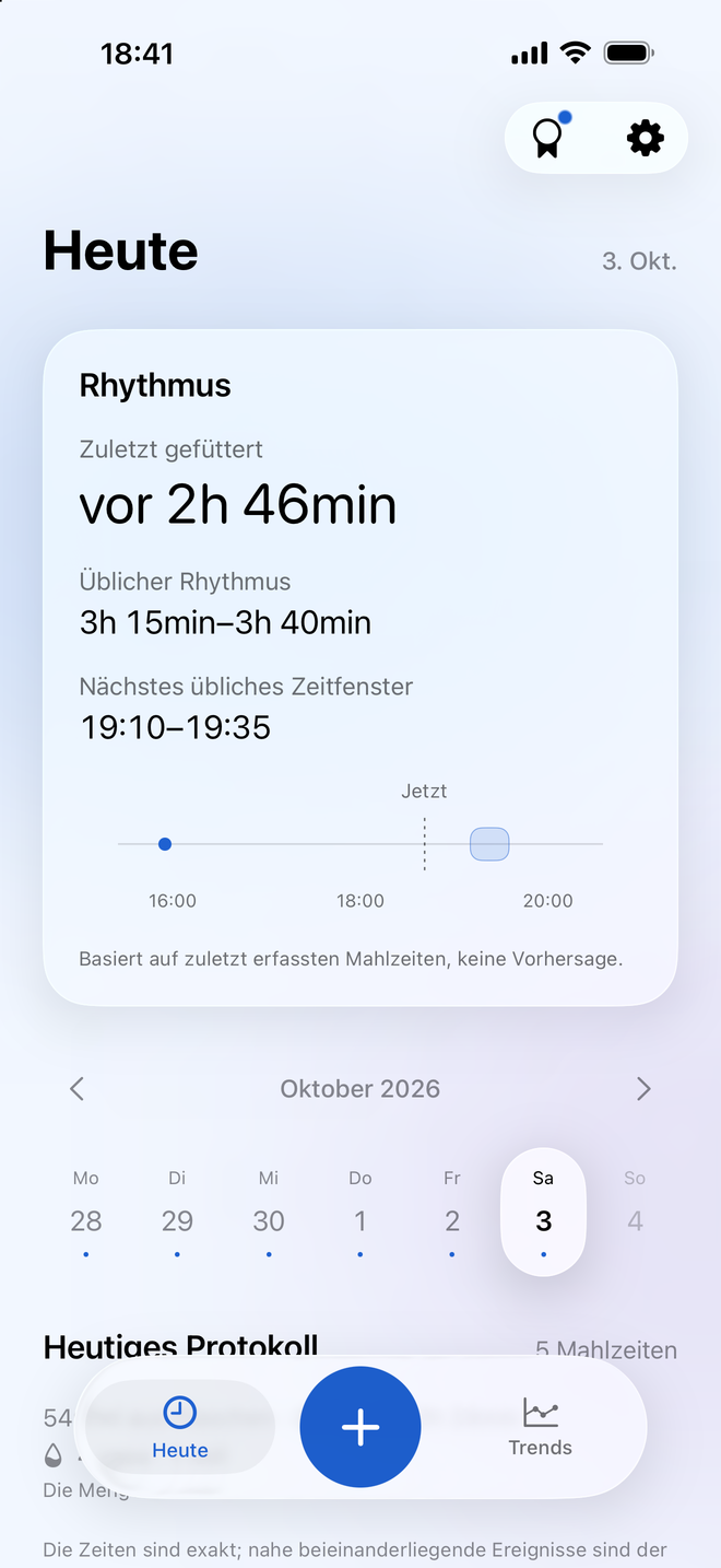 Milksy-Tagesansicht mit letzter Mahlzeit, üblichen Abständen und Kalender