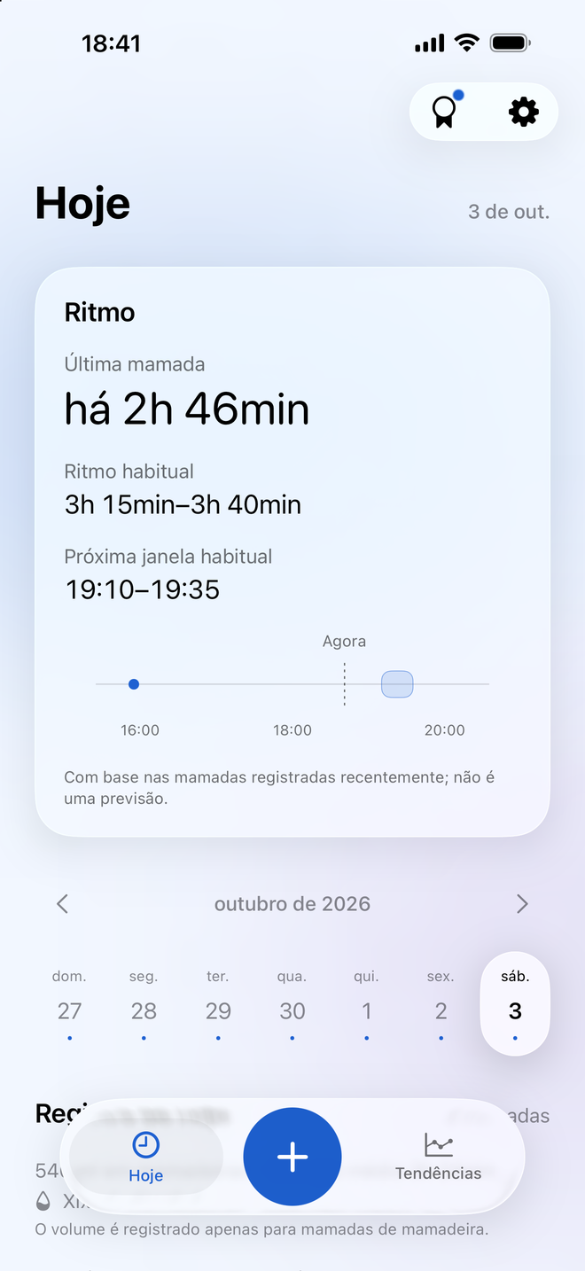 Tela diária do Milksy com a última mamada, intervalos habituais e calendário