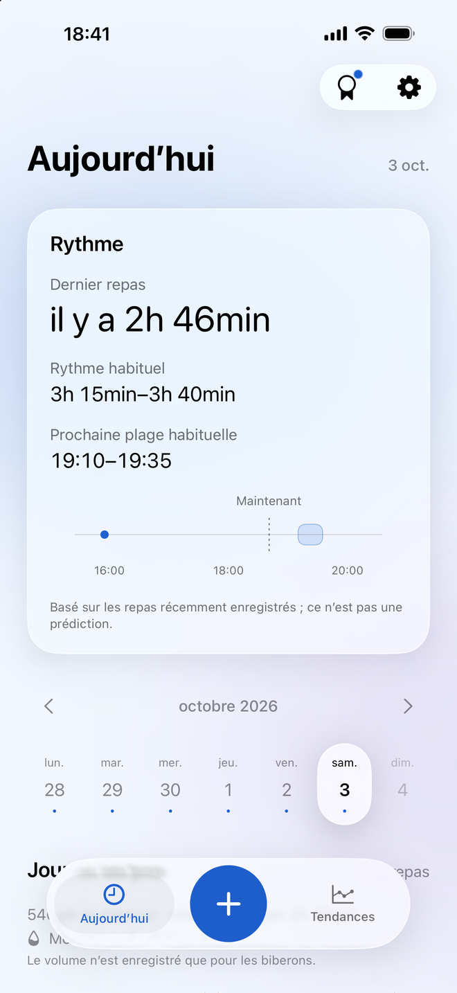 Vue du jour Milksy avec le dernier repas, les intervalles habituels et un calendrier